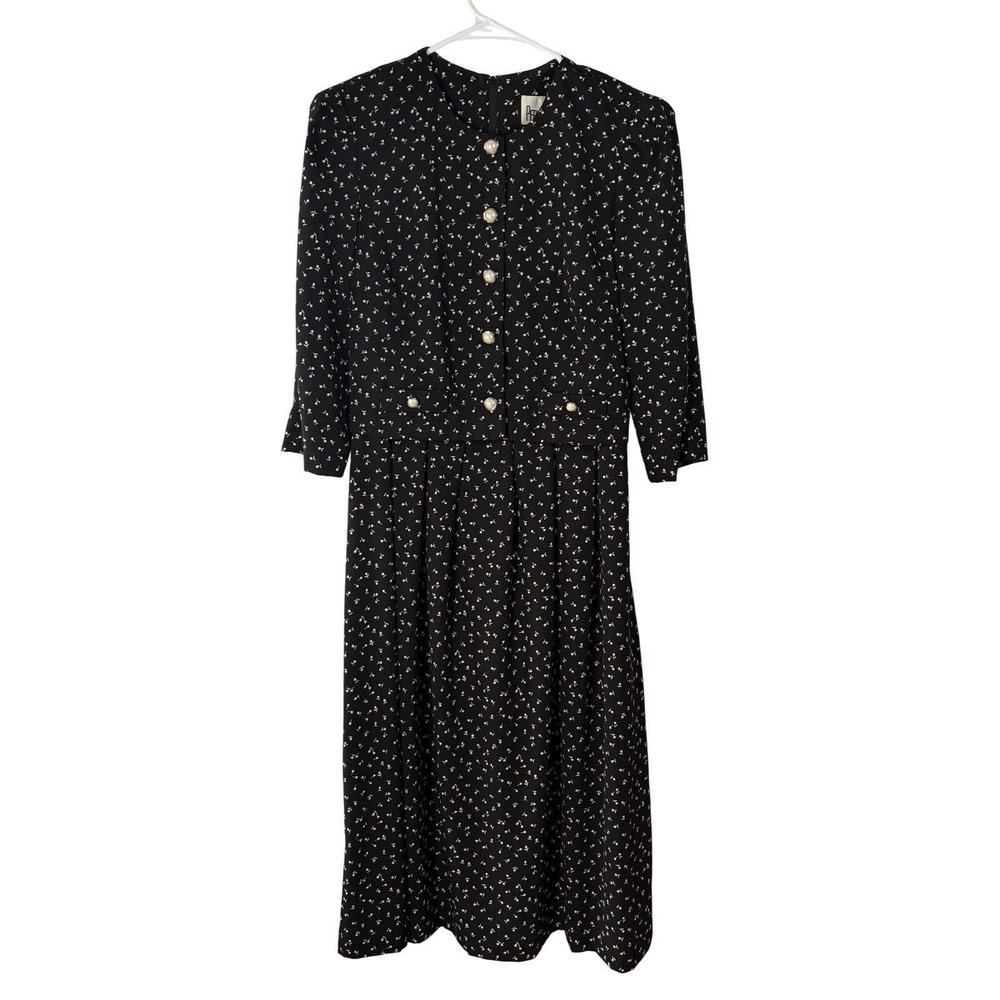 Peri Petites Vintage Black Floral Tulip Midi Dress Pearl Button Tie Back Size 12
